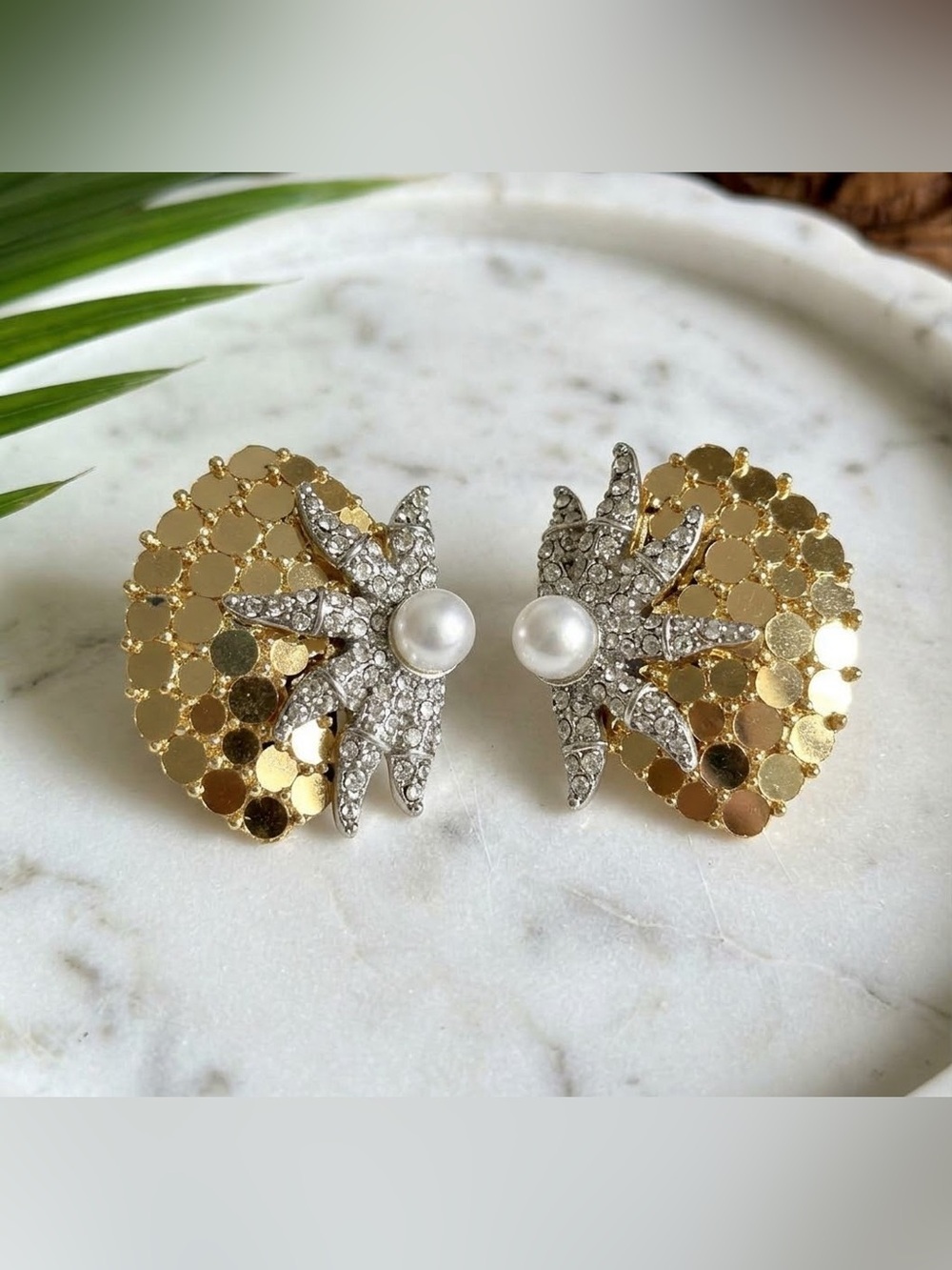 Vintage Style Sea Shell Gold Palette Earrings Faux Pearl Beach Ocean Jewelry NEW